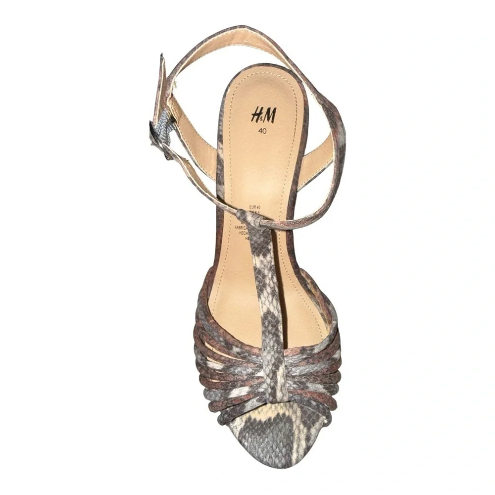H & M Snakeskin Print Cork Wedge Sandals Brown Tan Size 8.5 Boho Summer